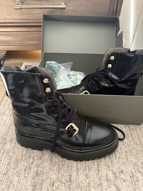 AllSaints Black Patent Lace-Up Combat Boots with Gold Hardware